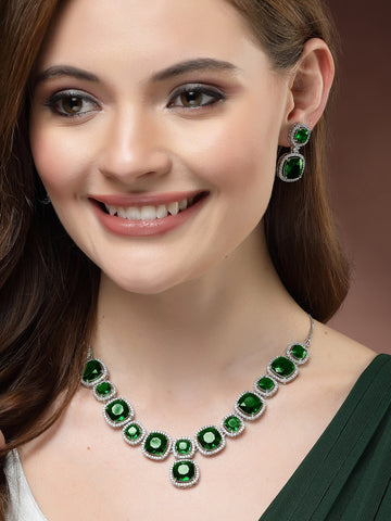 Karatcart Silver Plated Green Cubic Zirconia Traditional Jewellery Set