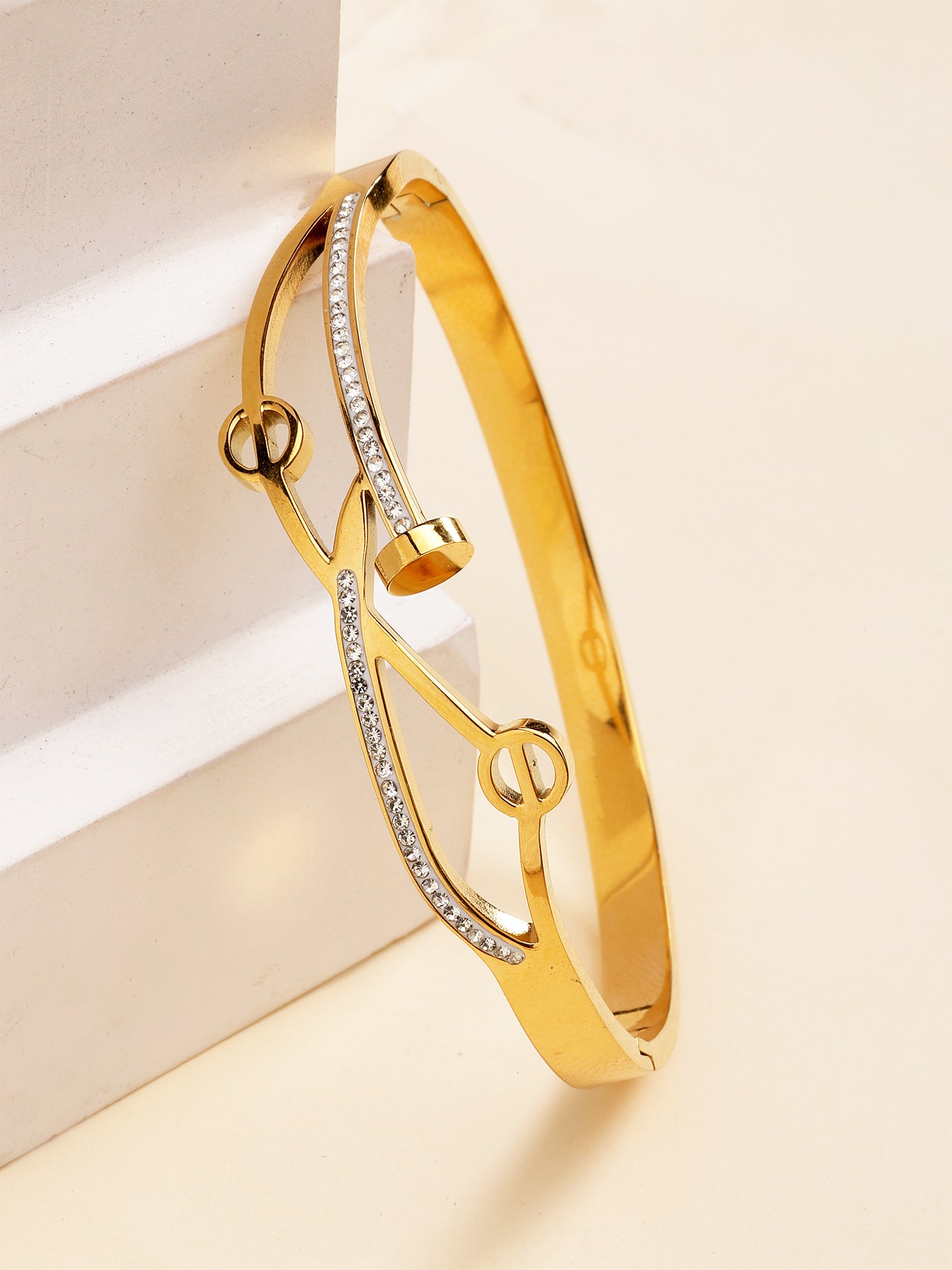 Bohey by KARATCART Gold-Plated White Cubic Zirconia Studded Bangle-Style Bracelet for Women