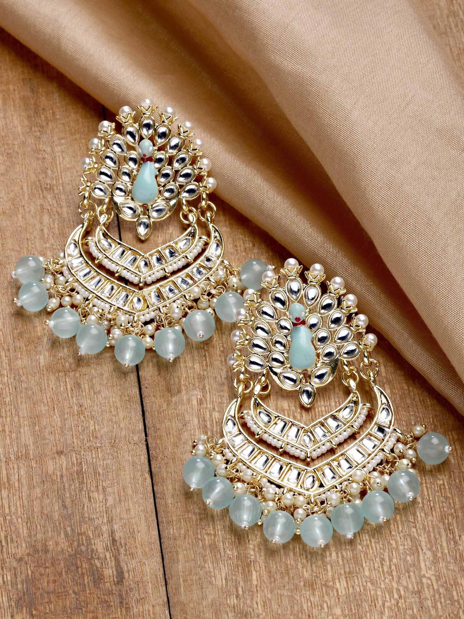 Karatcart Gold Plated Peacock Shape Light Blue Meena and Kundan Studded Dangler Earrings for Women - view 3