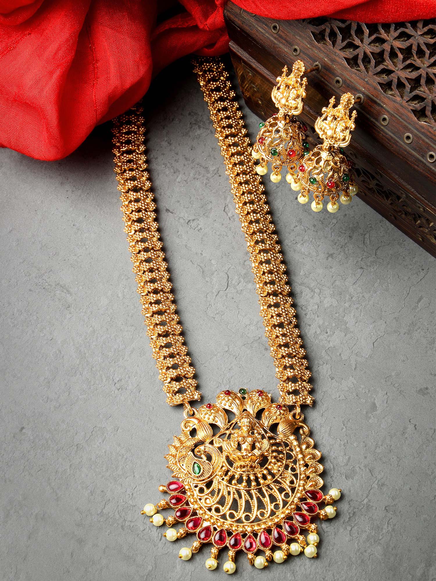 Karatcart Gold Plated Red Stone Laxmi Mata Rani Haar Temple Jewellery Set for Women - view 3