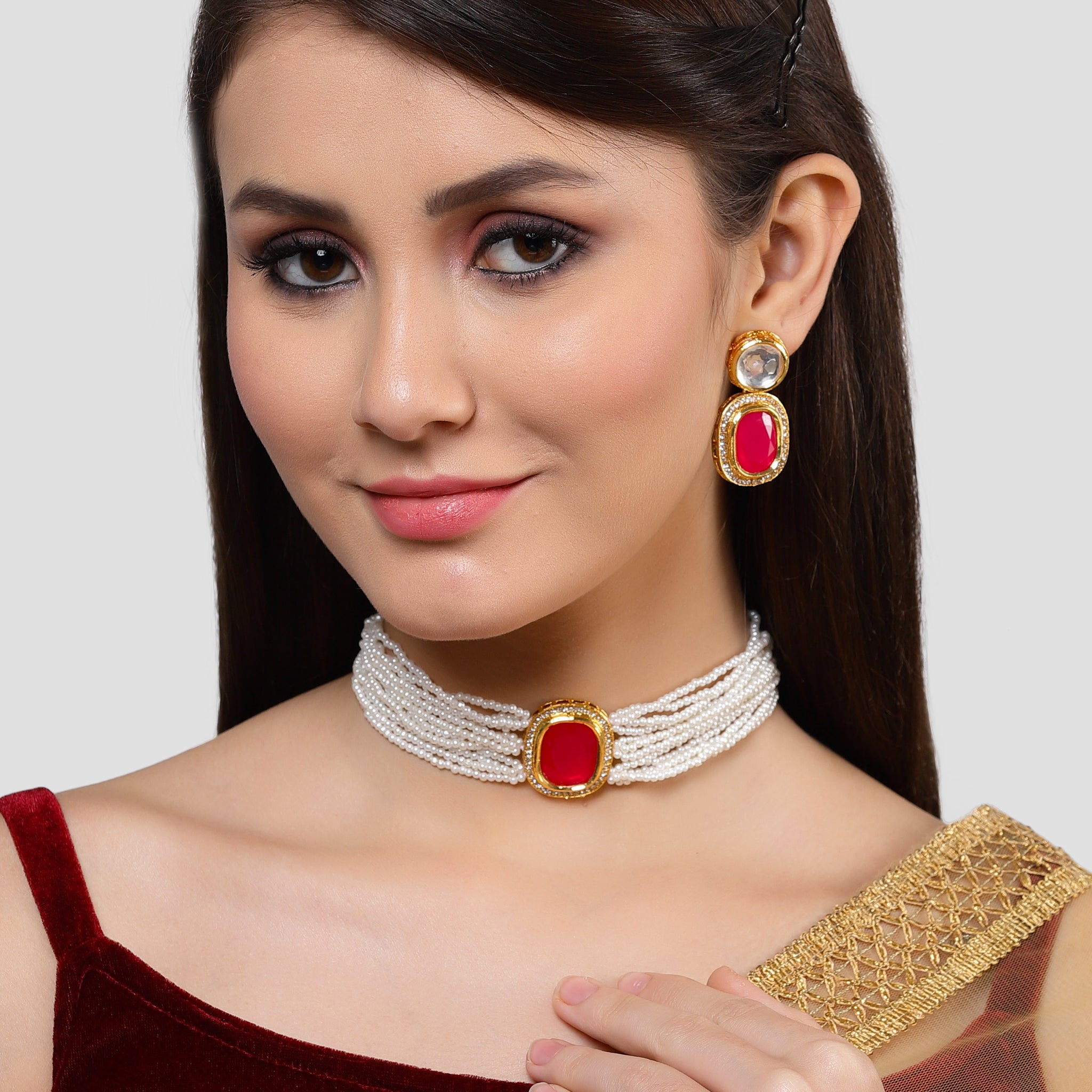 Karatcart Gold Plated Red Polki Kundan Choker Necklace Set for Women