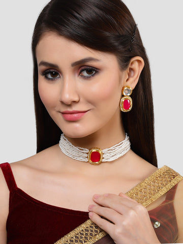 Karatcart Gold Plated Red Polki Kundan Choker Necklace Set for Women