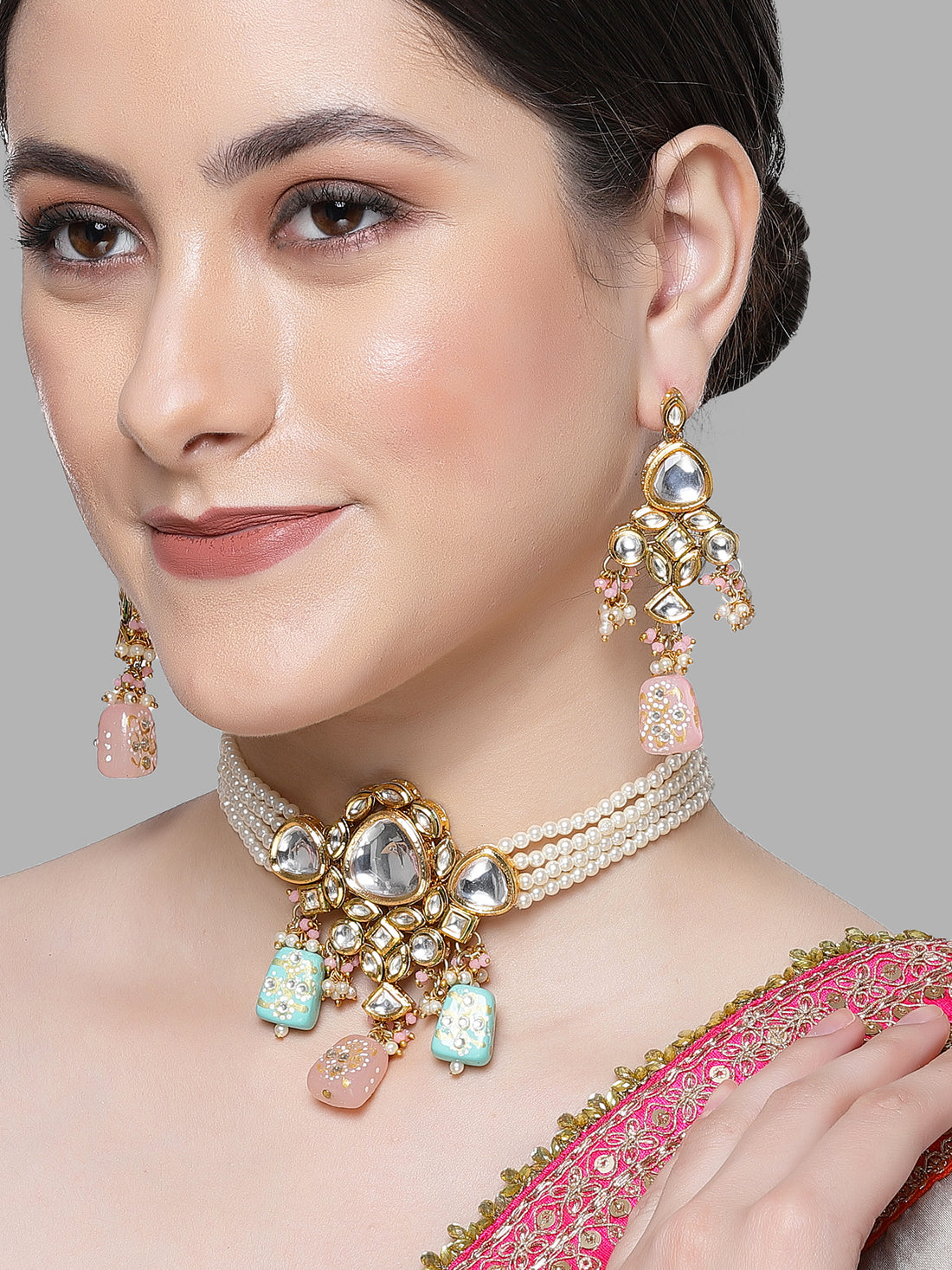 Karatcart Pink and Light Blue Tumble Studded Polki Kundan Choker Necklace Set for Women