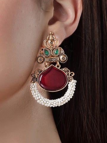 Karatcart Red Stone Studded Gold Plated Drop Earrings for Women