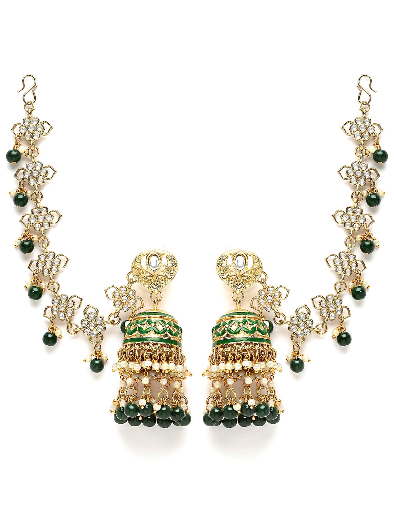 Karatcart Gold Plated Green Meena and Beads Kundan Kaanchain Jhumki Earrings for Women - view 4