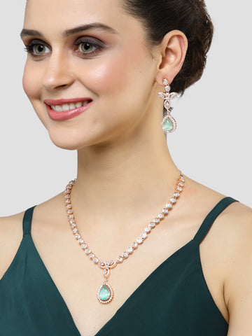 Karatcart Rose Gold Plated Drop Shape Light Green Cubic Zirconia Studded Necklace Set