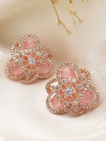 Karatcart Rose Gold Plated Pink Cubic Zirconia Floral Design Stud Earrings for Women