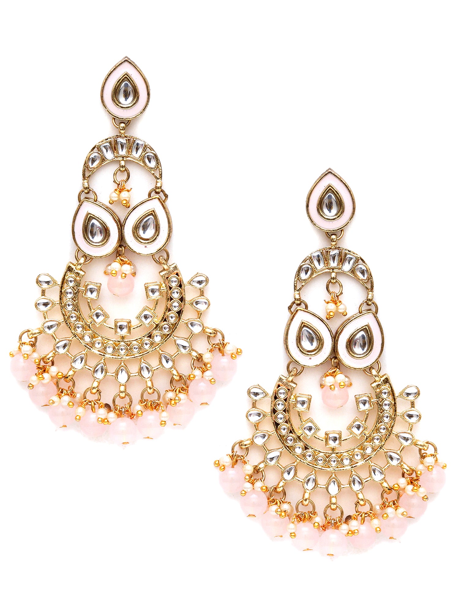 Karatcart Gold Plated Pink Beads Kundan Dangler Earrings for Women - view 3