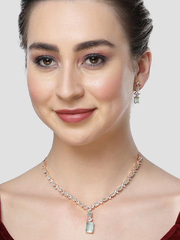 Karatcart Light Green Cubic Zirconia Studded Rose Gold Plated Necklace Set for Women