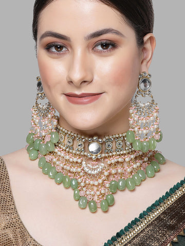 Karatcart Gold Plated Pink and Lime Green Kundan Choker Bridal Jewellery Set for Women