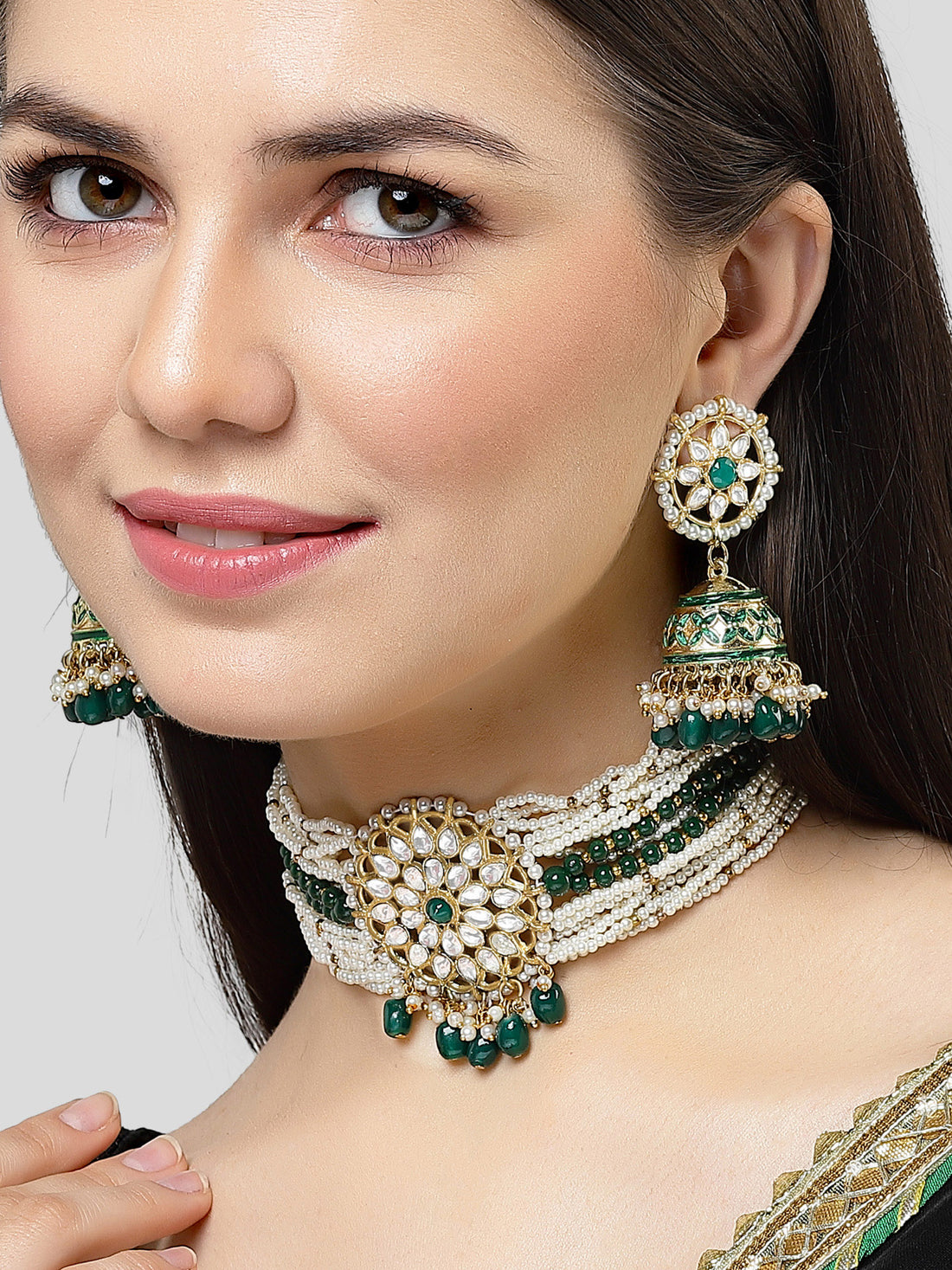 Karatcart Gold Plated Green Beads and Pearl Beaded Kundan Choker Necklace Set for Women