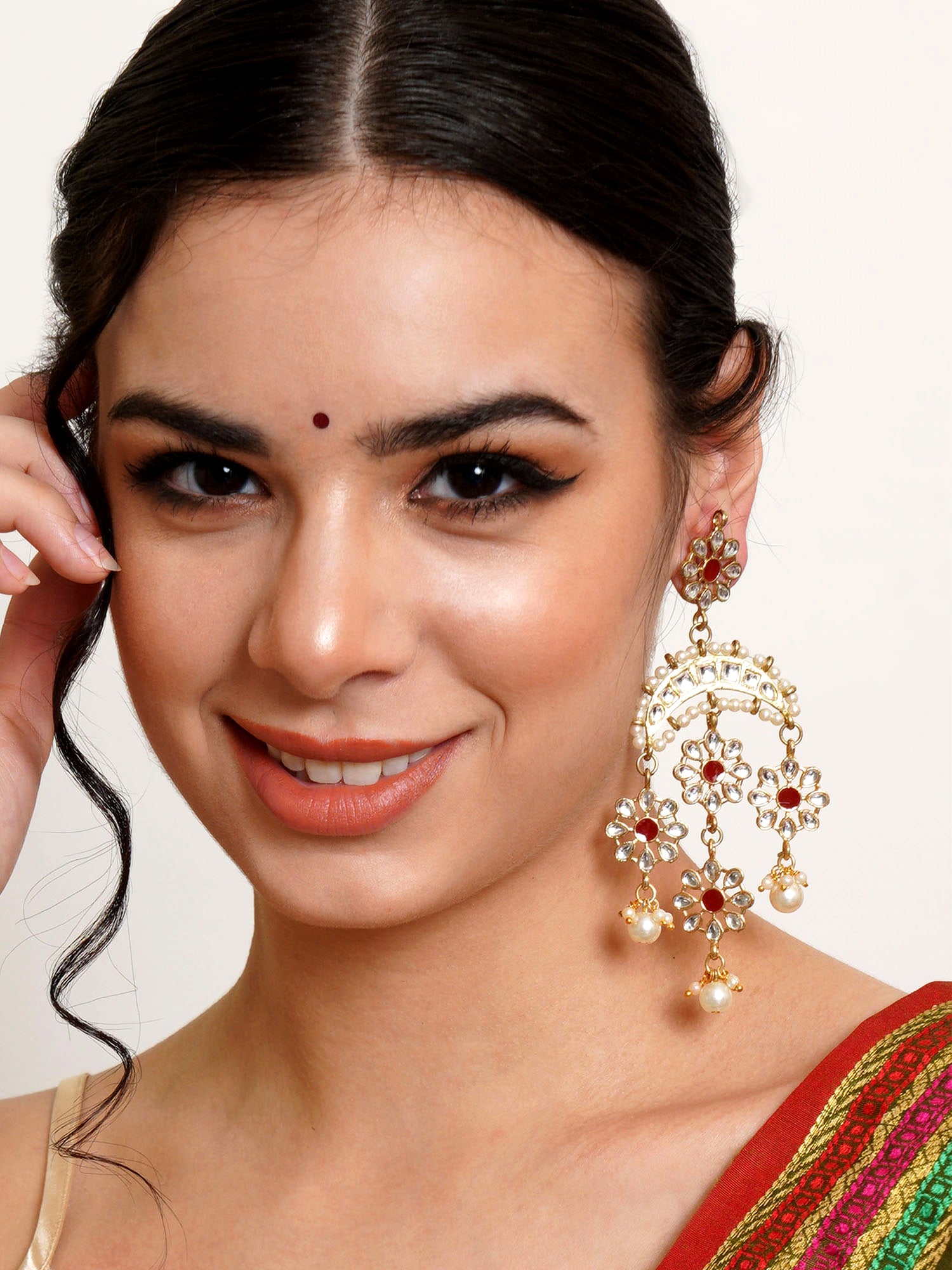 Karatcart Gold Plated Floral Red Meena Kundan Dangler Earrings for Women - view 2