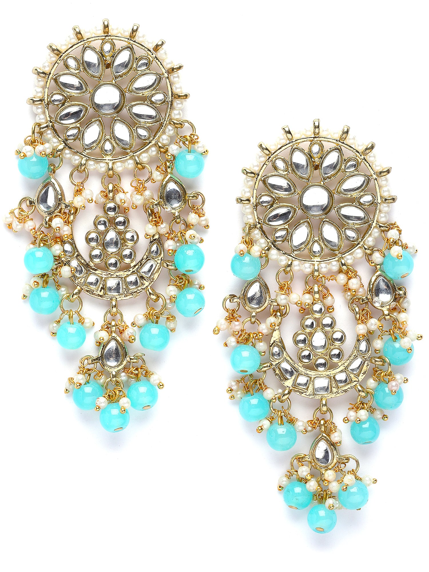 Karatcart Gold Plated Light Blue Bead Kundan Drop Earrings for Women - view 4