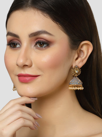 Karatcart Gold Plated Grey Meena Golden Pearl Jhumki Earrings for Women