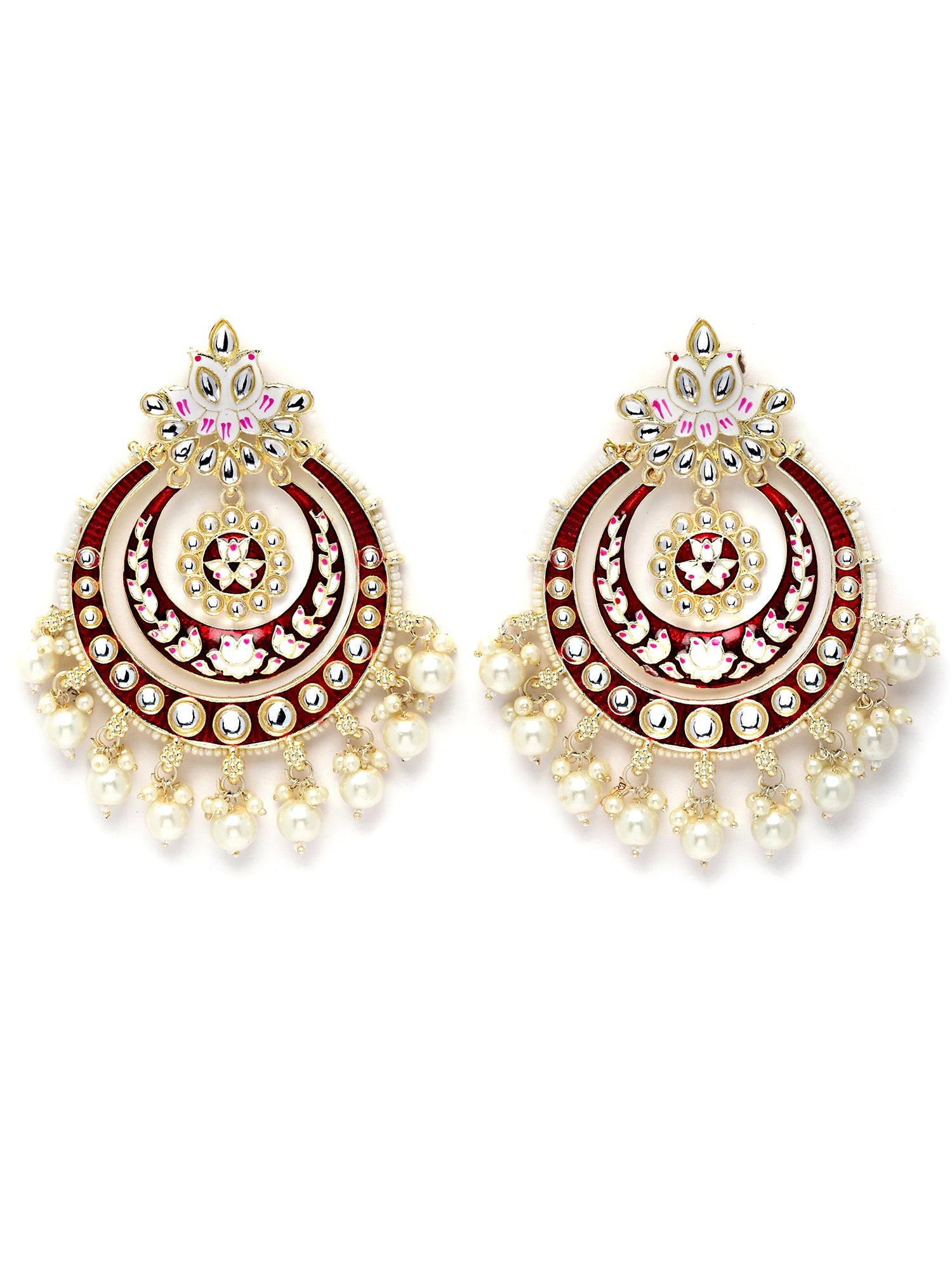 Karatcart Gold Plated Red Meena Pearl and Kundan Studded Chandbali Earrings for Women - view 4