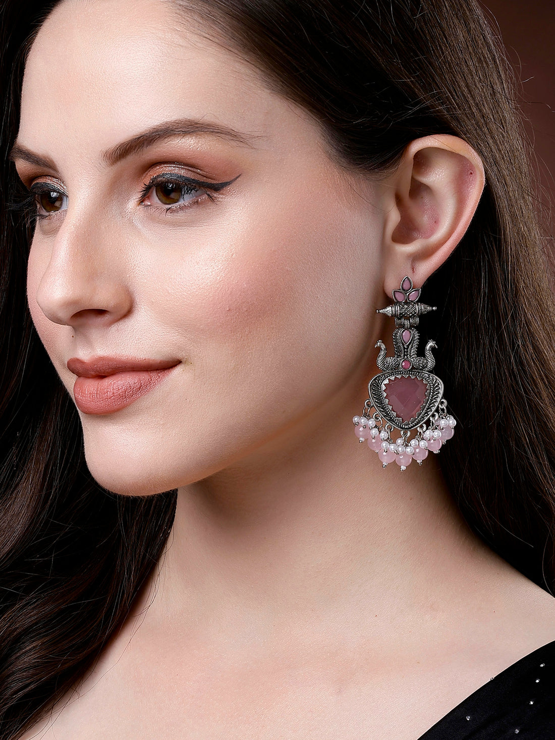 Karatcart Oxidised Silver Pink Stone and Beads Drop Earrings for Women