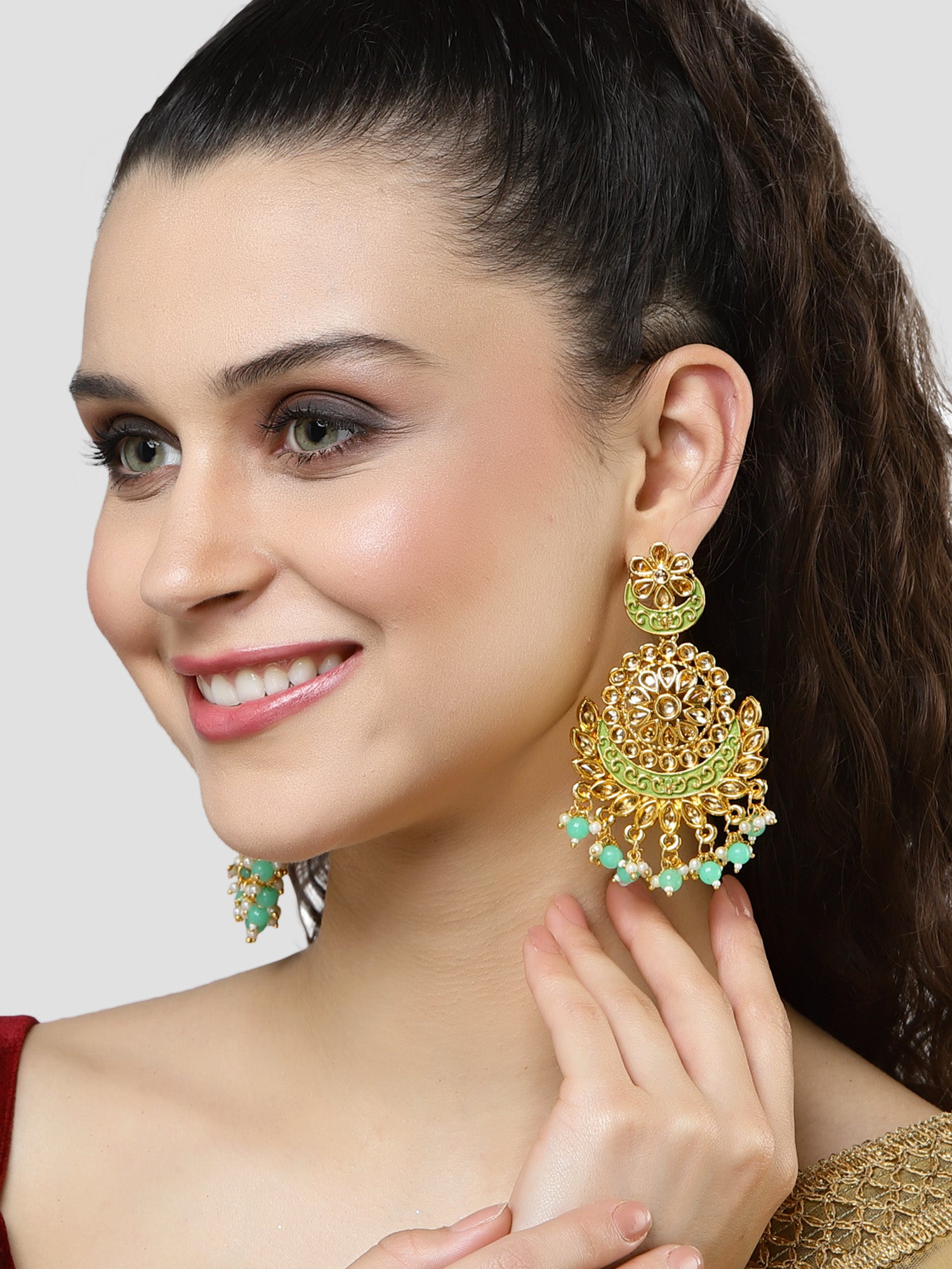 Karatcart Gold Plated Lime Green Beads Kundan Studded Dangler Earrings for Women - view 2
