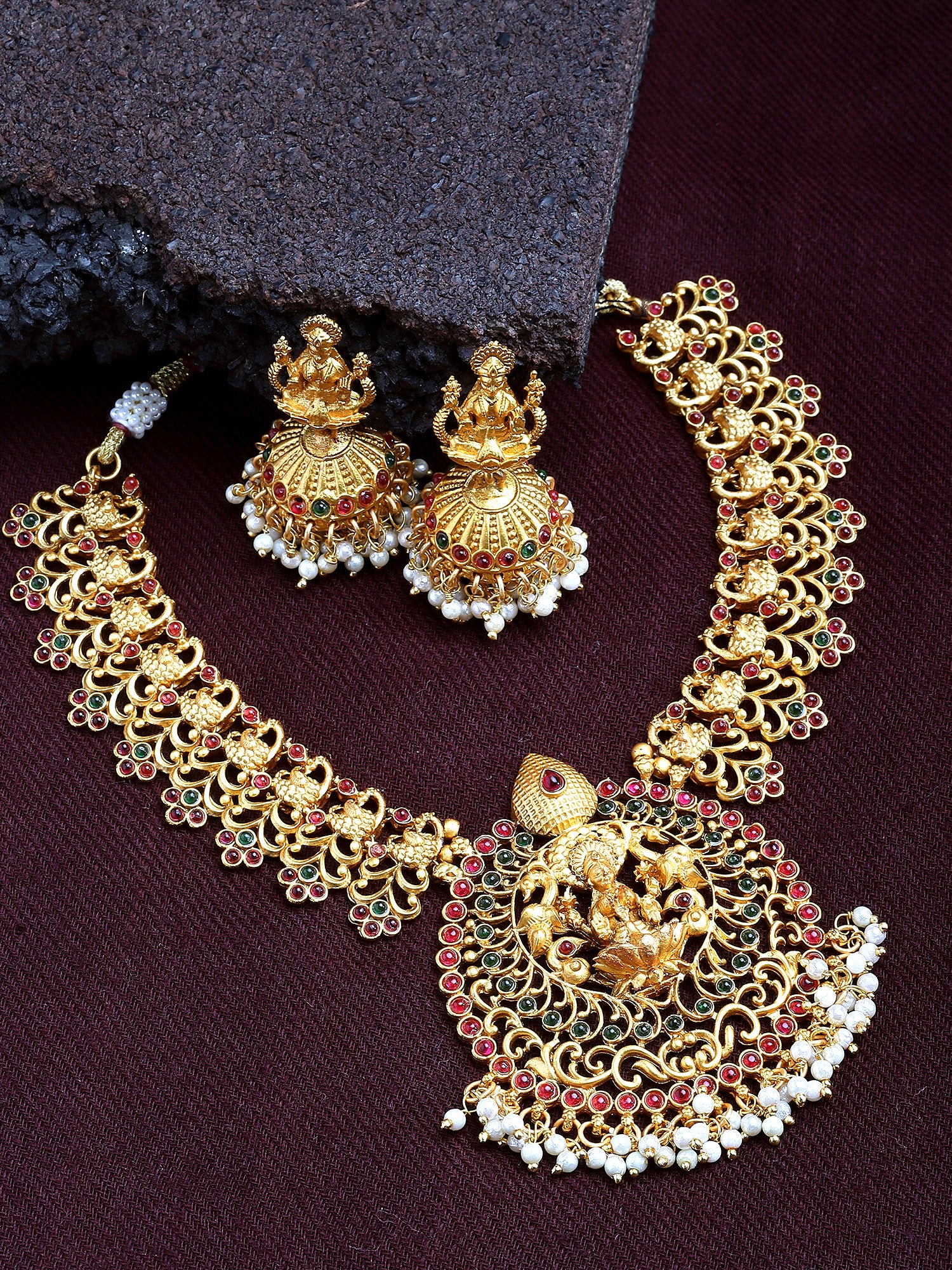 Karatcart Gold Plated Laxmi Mata and Peacock Design Temple Jewellery Set for Women - view 3