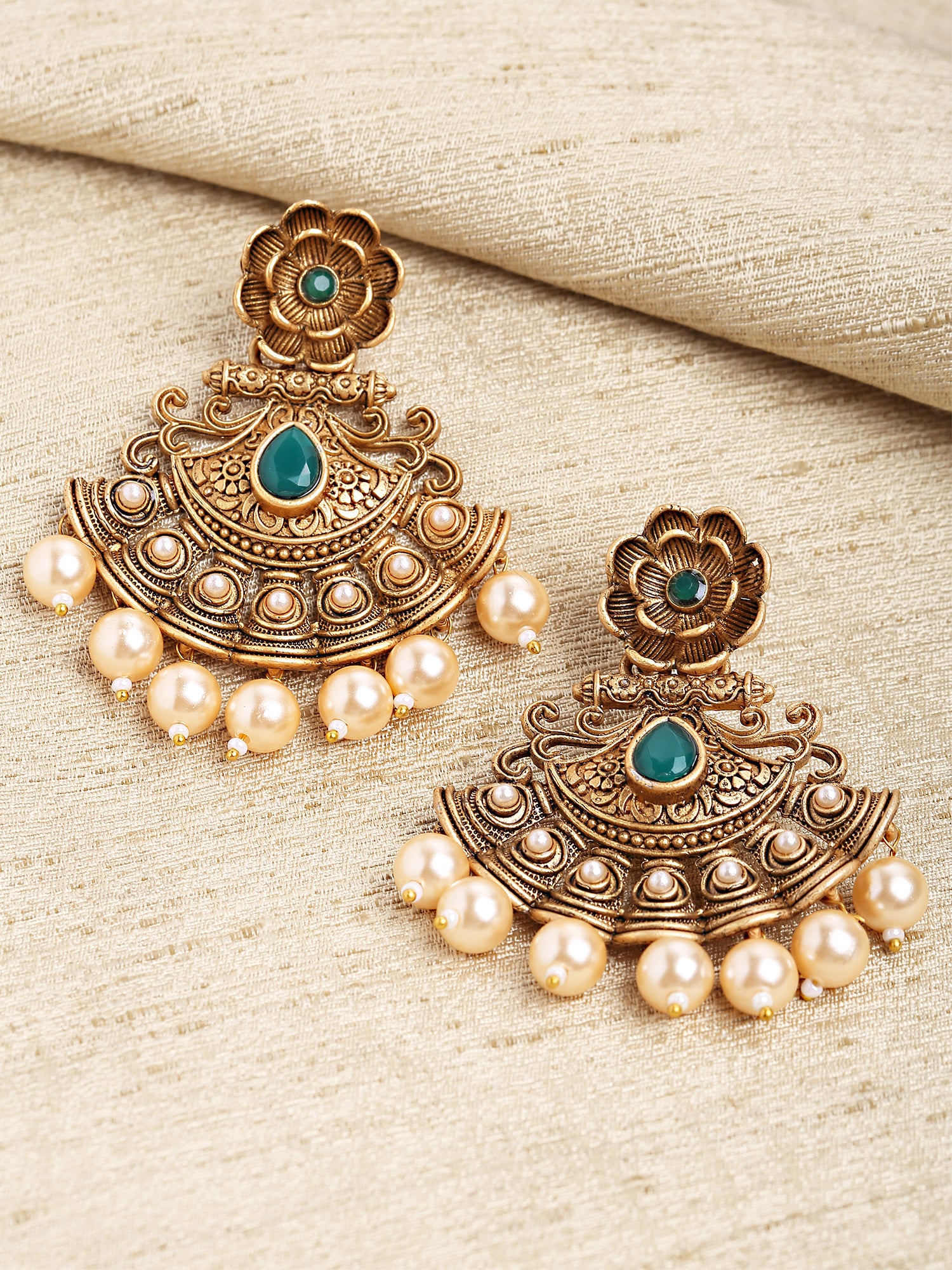 Karatcart Gold Plated Green Stone and Pearl Studded Dangler Earrings for Women - view 3