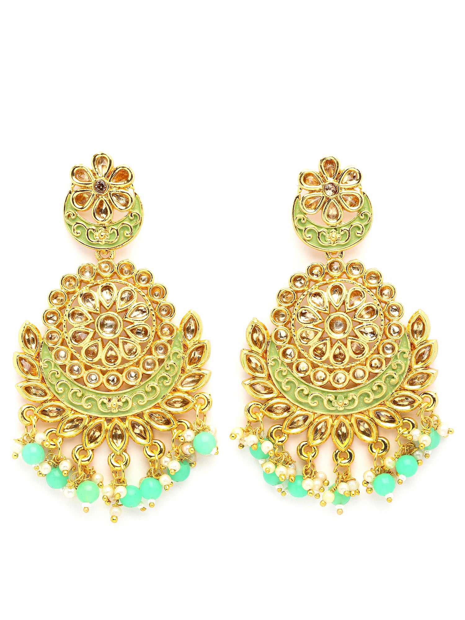 Karatcart Gold Plated Lime Green Beads Kundan Studded Dangler Earrings for Women - view 4