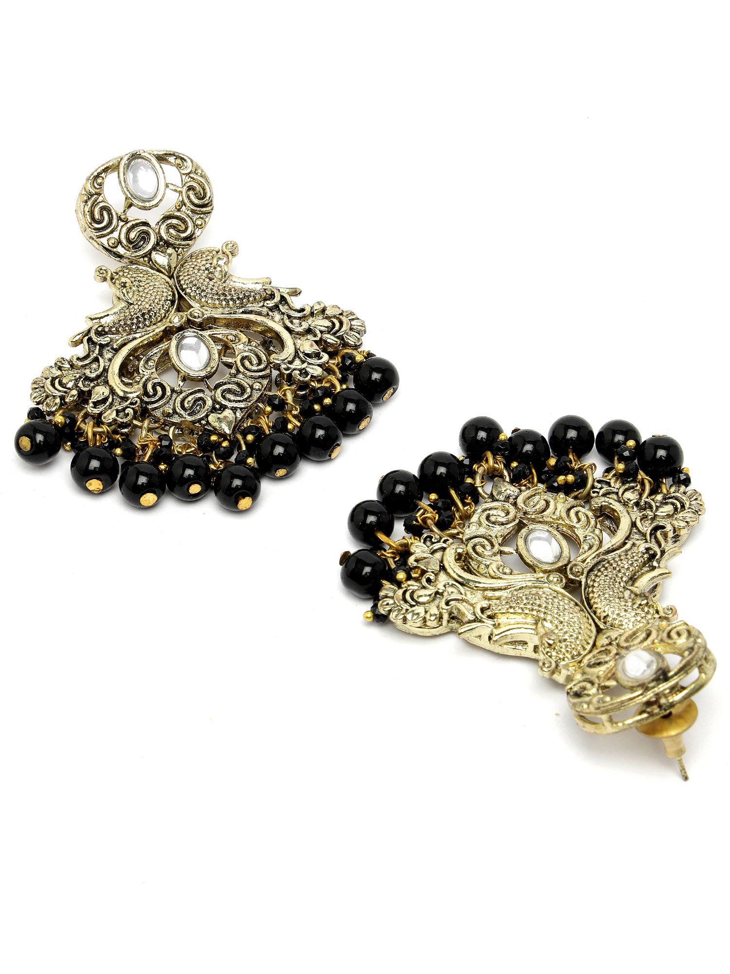 Karatcart Antique Gold Plated Black Beads Peacock Design Kundan Dangler Earrings for Women - view 5