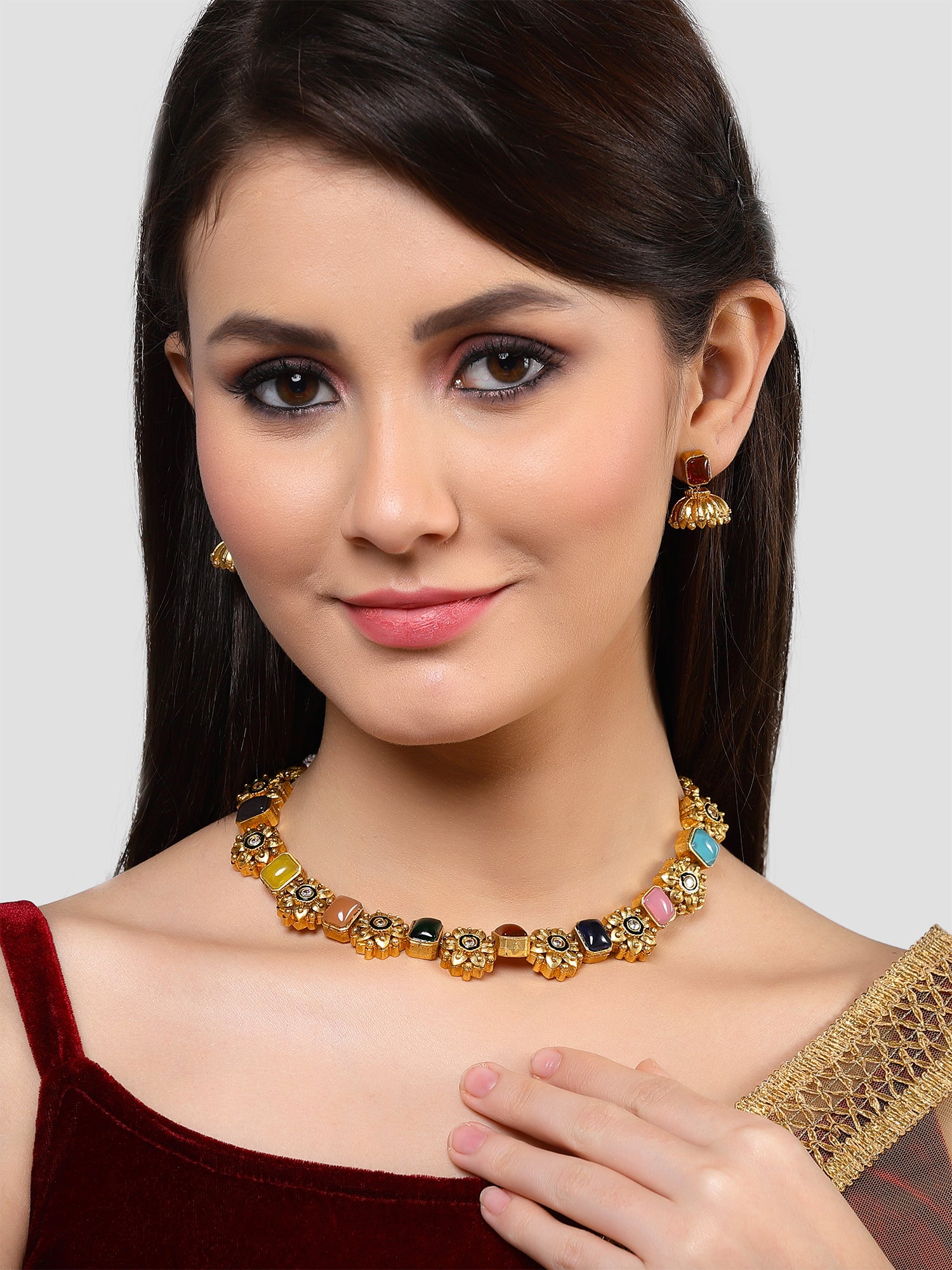Karatcart Gold Plated Multicolor Stones Studded Floral Design Necklace Set - Image 1