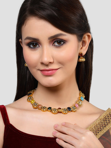 Karatcart Gold Plated Multicolor Stones Studded Floral Design Necklace Set