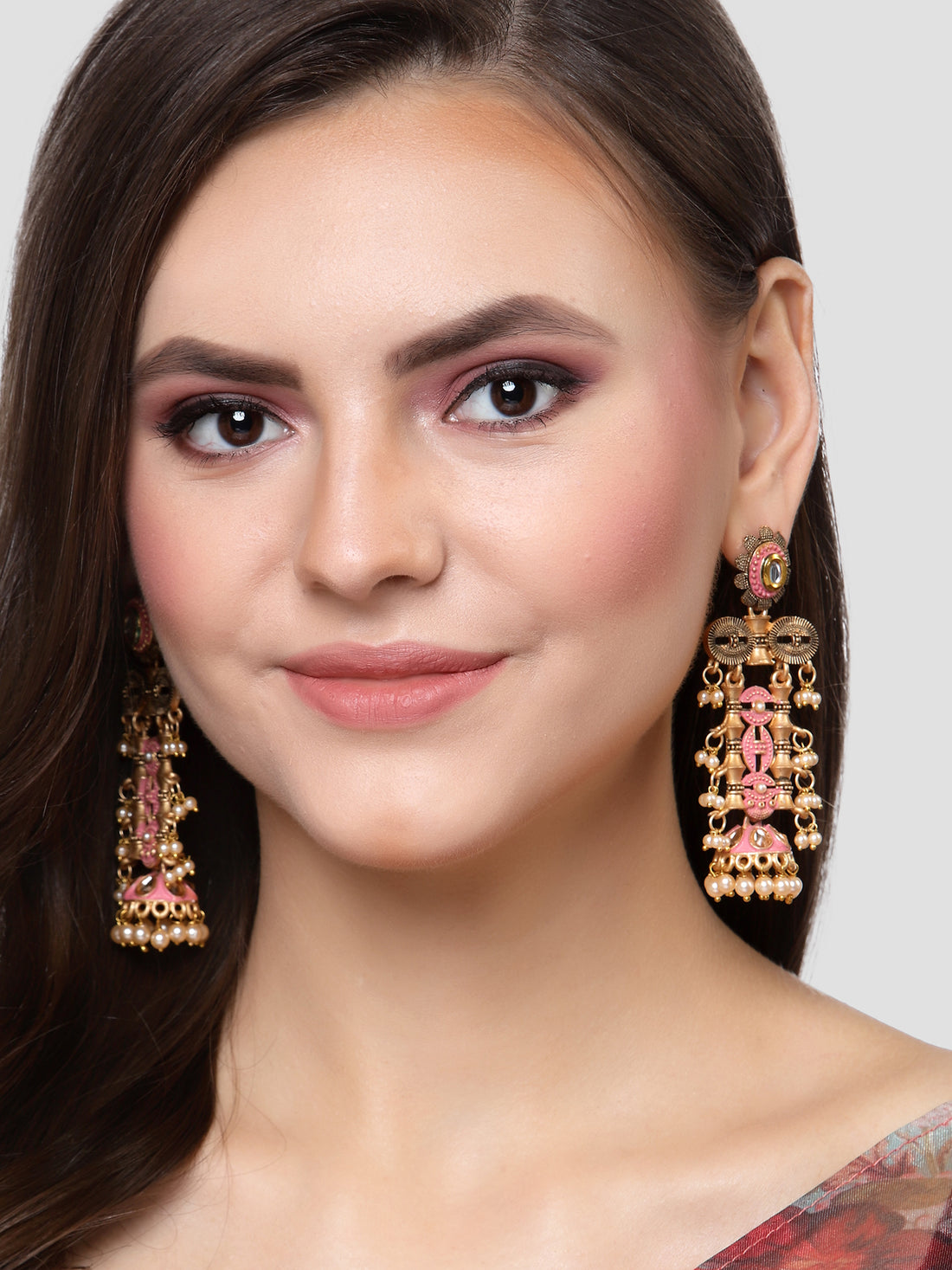 Karatcart Antique Gold Plated Pink Kundan Drop Earrings for Women