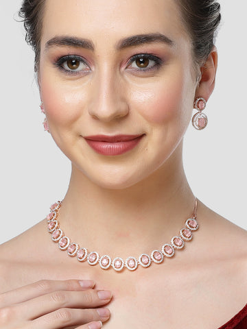 Karatcart Pink CZ Studded Rose Gold Plated Necklace Set for Women