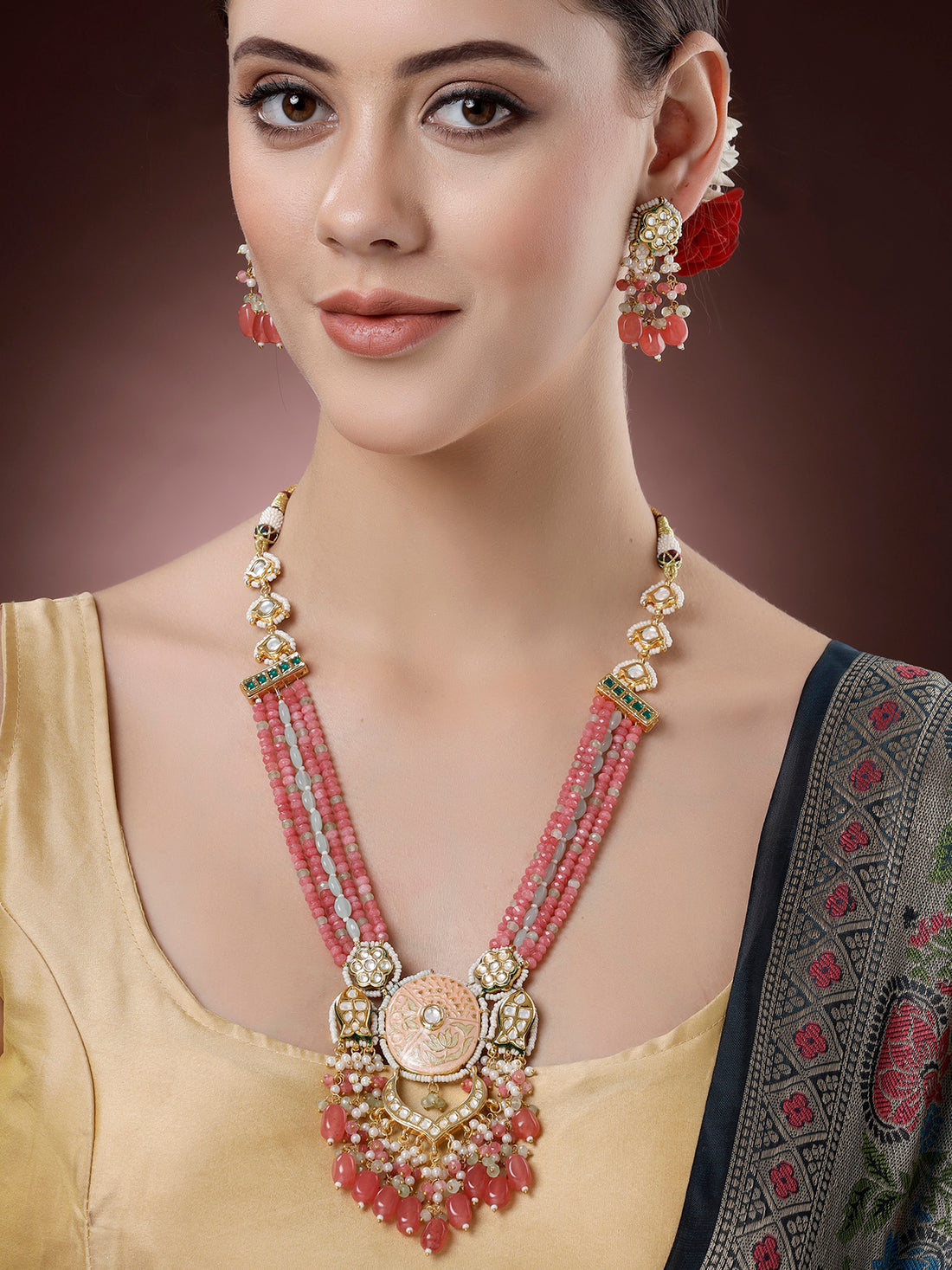 Karatcart Peach Meena Red Crystal Polki Kundan Necklace Set for Women