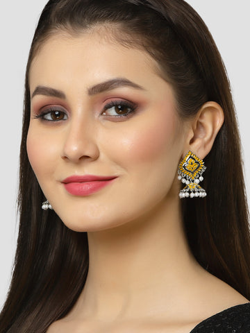 Karatcart Silver Plated Yellow Meena Jhumki Earrings for Women