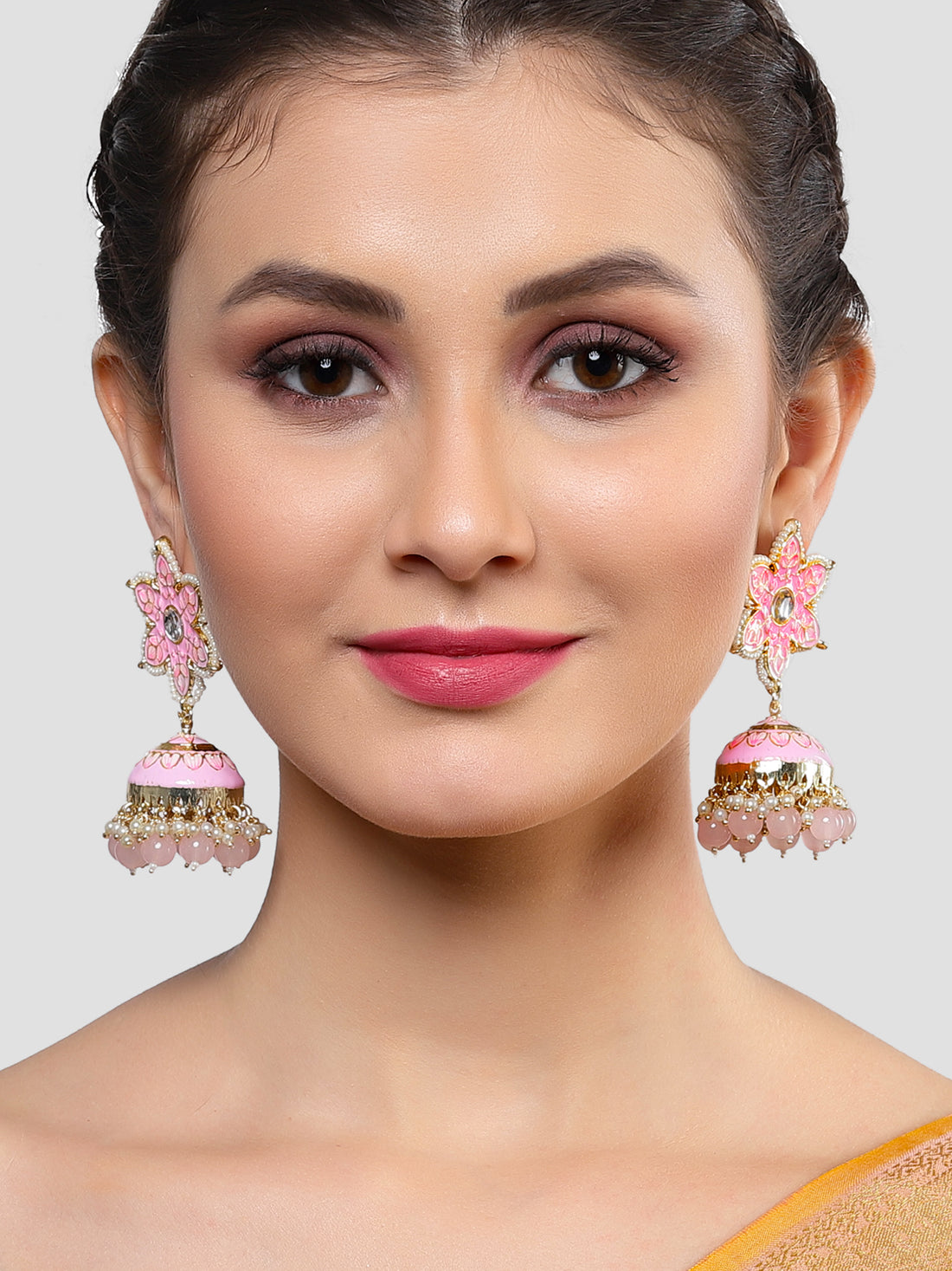 Karatcart Gold Plated Pink Meena Floral Shape Kundan Jhumki Earrings for Women