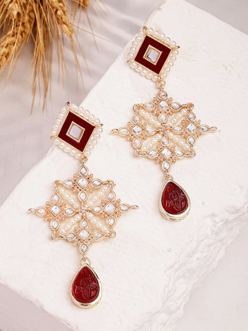 Karatcart Gold Plated Red Carved Stone Kundan Drop Earrings for Women