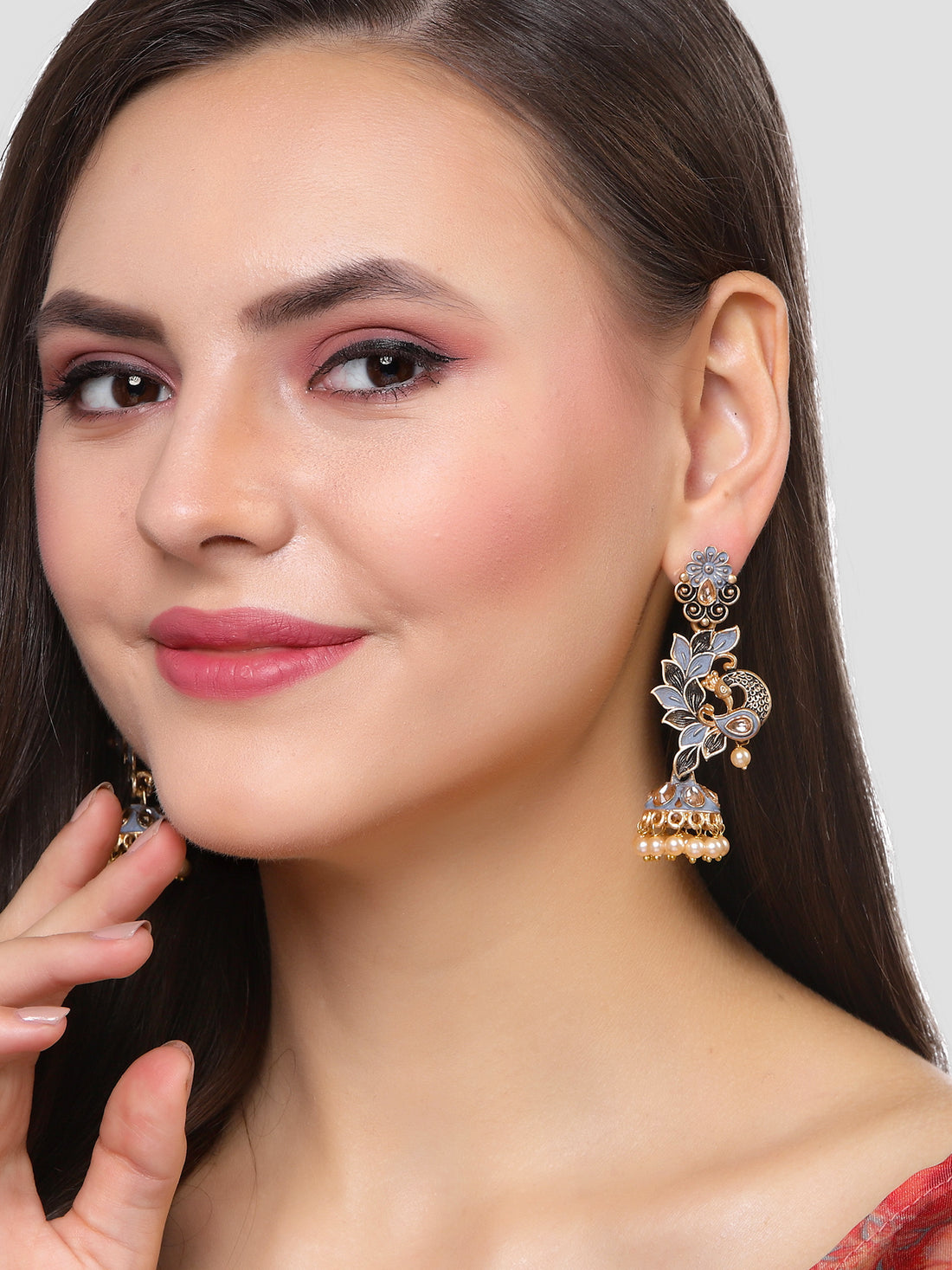 Karatcart Gold Plated Peacock Shape Grey Kundan Dangler Jhumki Earrings for Women