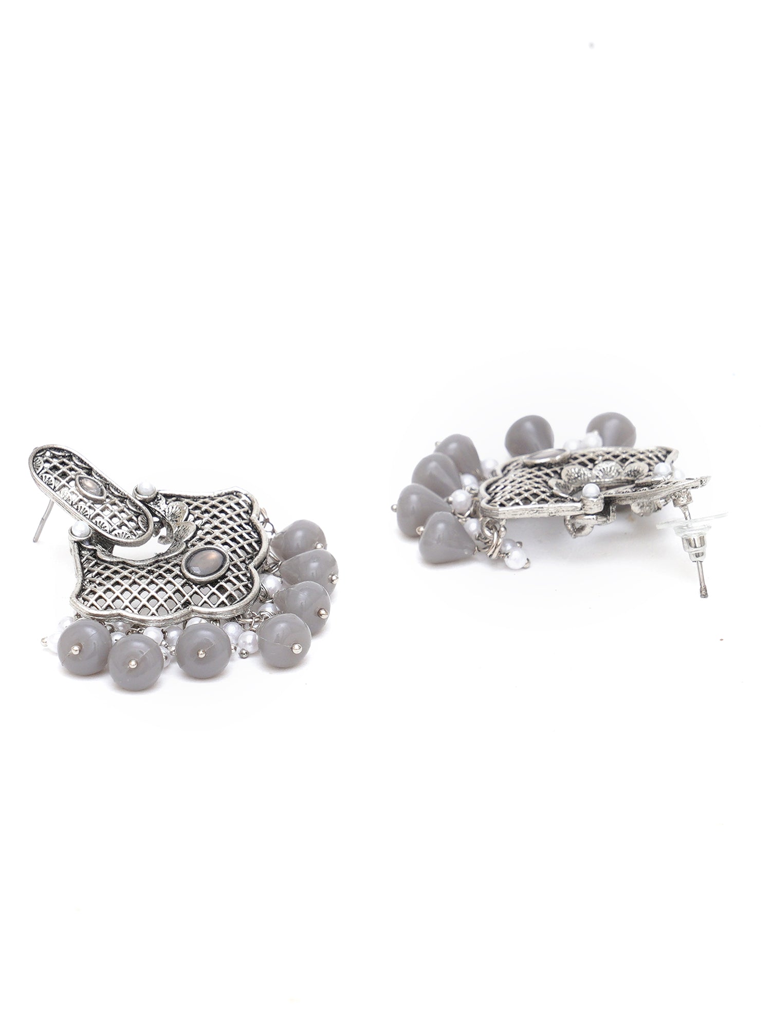 Karatcart Oxidised Silver Grey Monalisa Stone and Pearl Studded Dangler Earrings for Women - view 5
