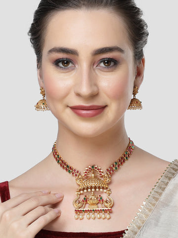 Karatcart Gold Plated Laxmi Mata Design Temple Jewellery Set for Women