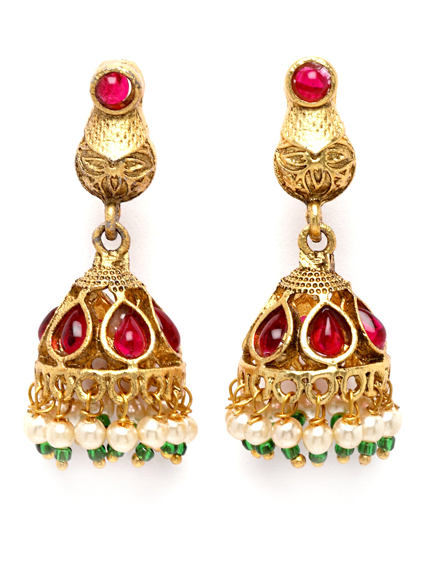 Karatcart Gold Plated Red Kundan and Pearl Studded Jhumki Earrings for Women - view 4