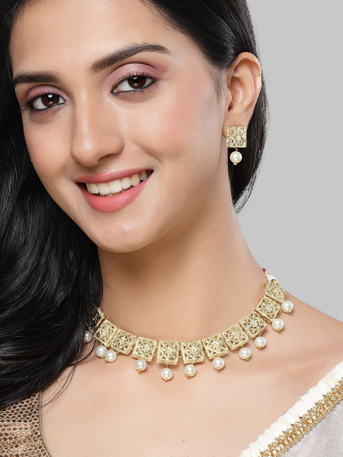 Karatcart Gold Plated Pearl and Kundan Choker Necklace Set for Women