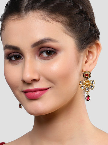 Karatcart Gold Plated Floral Design Red and White Kundan Dangler Earrings for Women