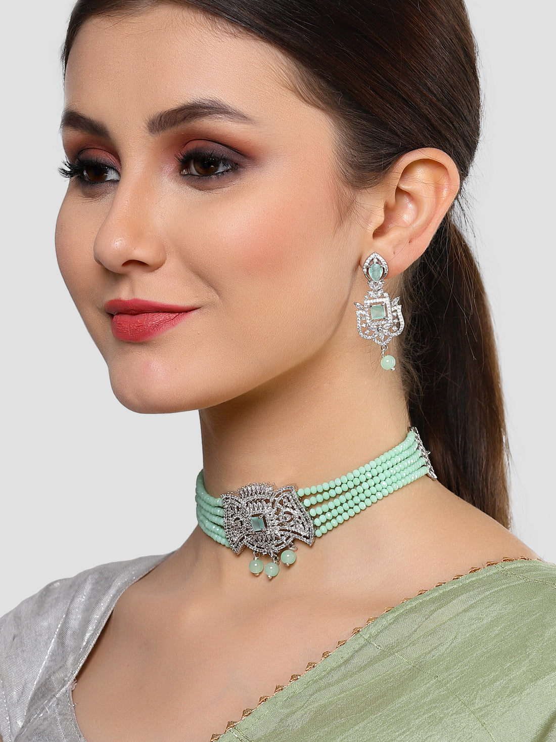 Karatcart Silver Tone Light Green Crystal Cubic Zirconia Choker Necklace Set for Women