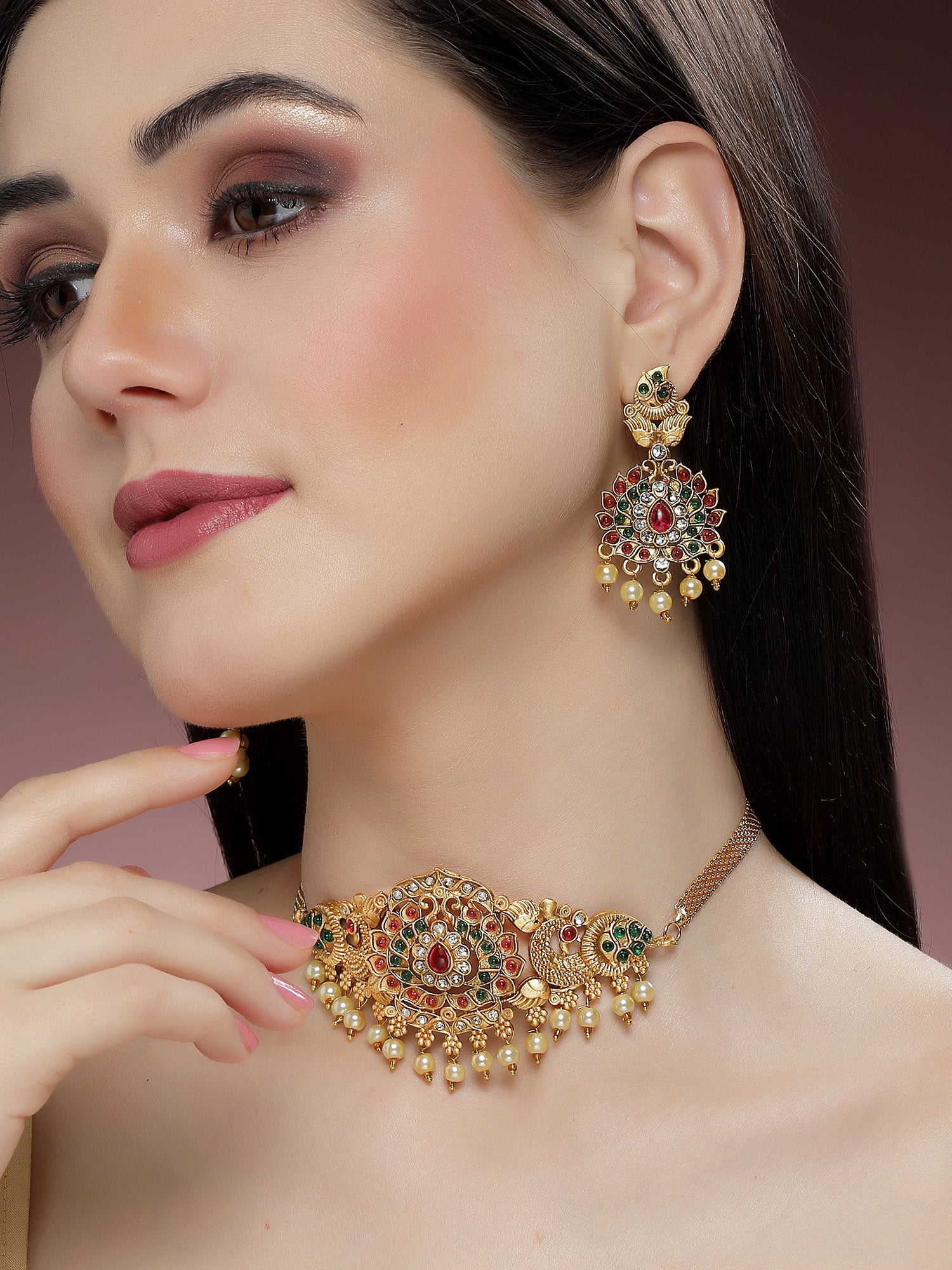 Karatcart Gold Plated Floral Design Choker Temple Jewellery Set for Women - view 2