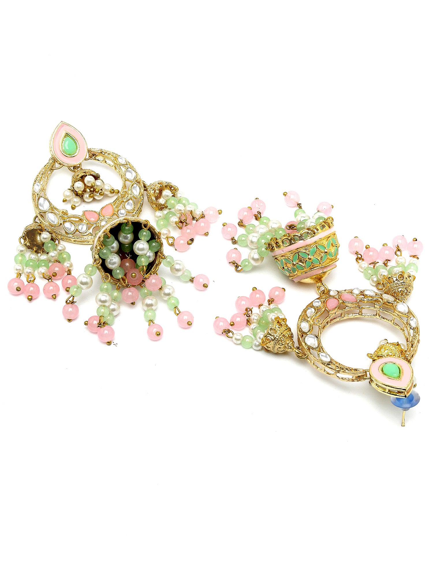 Karatcart Gold Plated Pink and Lime Green Beads Kundan Dangler Jhumki Earrings for Women - view 5
