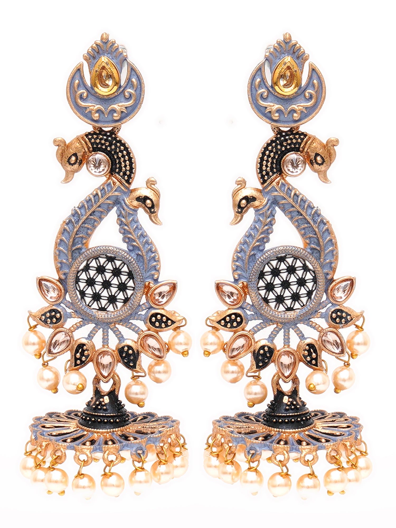 Karatcart Antique Gold Plated Kundan Studded Grey Meena Peacock with Flat Jhumki Dangler Earrings - view 4