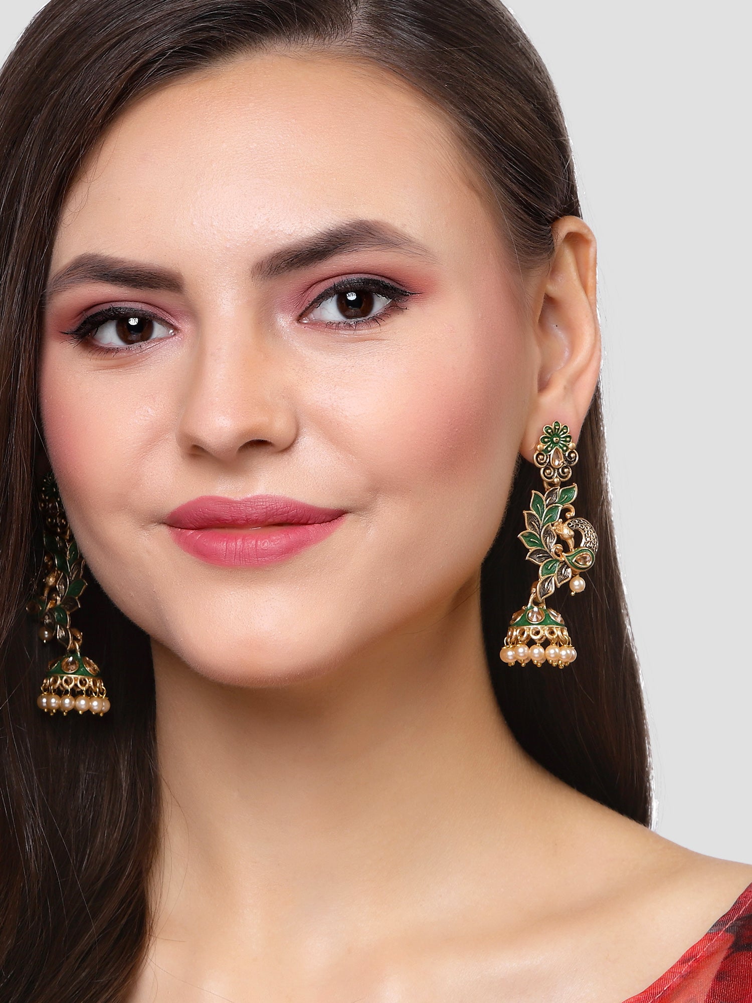 Karatcart Gold Plated Peacock Shape Green Kundan Dangler Jhumki Earrings for Women - view 2