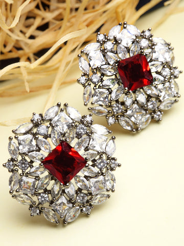 Karatcart Black Silver Tone Red Cubic Zirconia Stud Earrings for Women