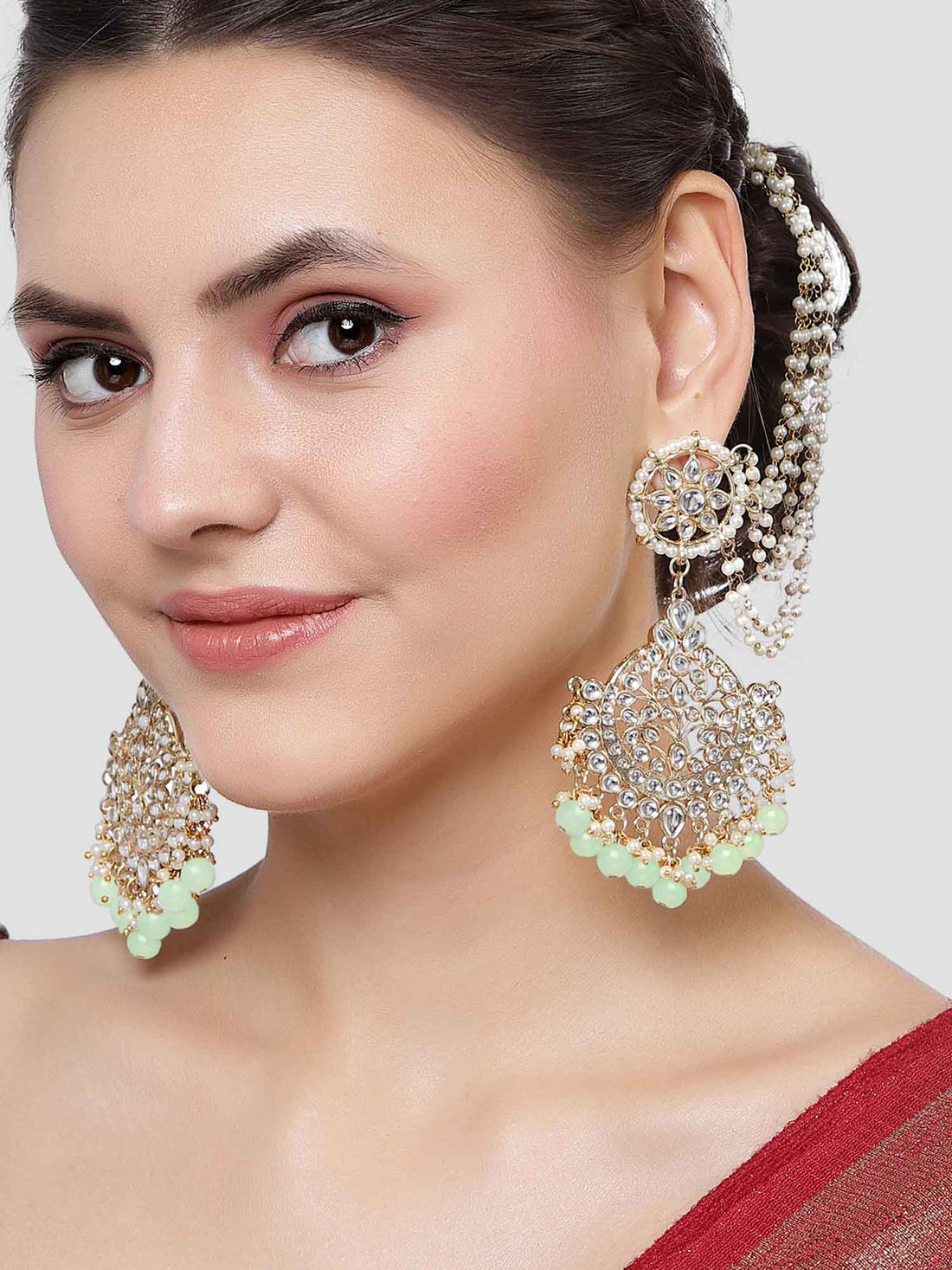 Karatcart Gold Plated Light Green Beads Kundan Kaanchain Earrings for Women