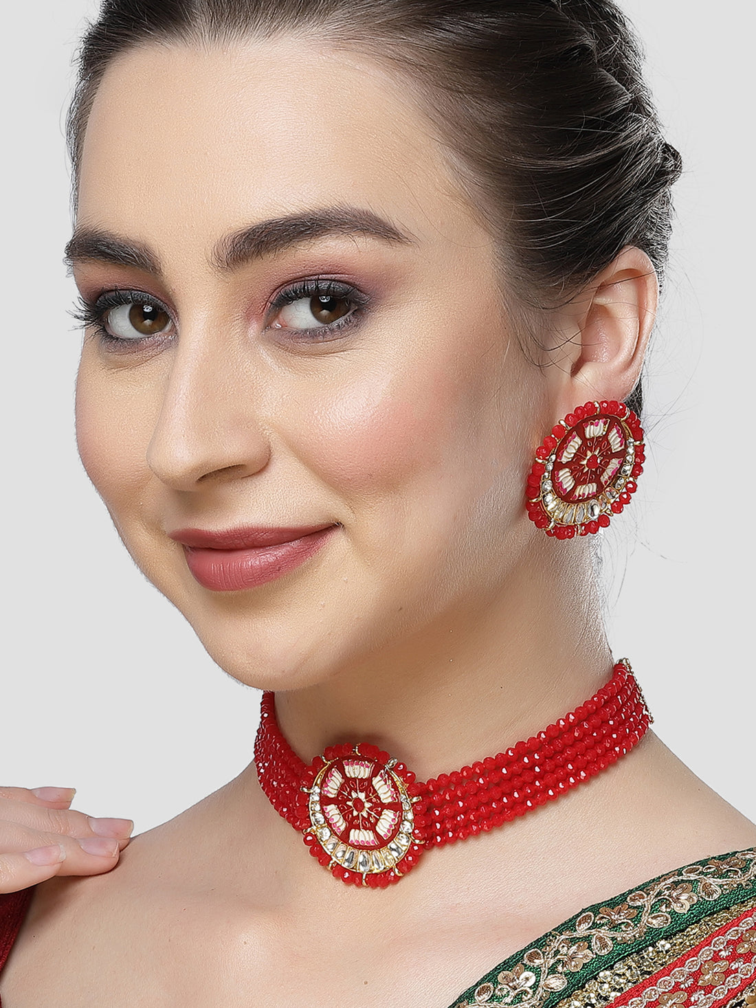 Karatcart Red Meena Lotus Design Crystal Choker Necklace Set for Women