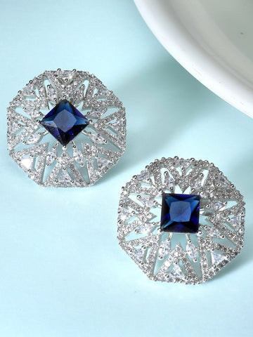 Karatcart Silver-Plated Blue Cubic Zirconia Stud Earrings for Women