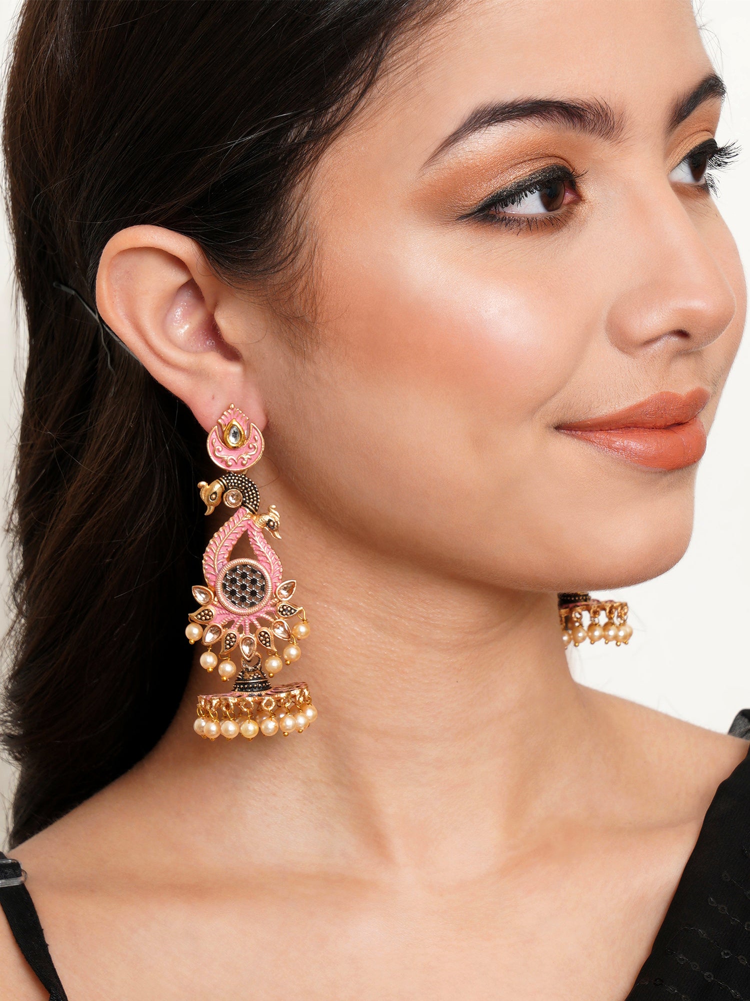 Karatcart Antique Gold Plated Kundan Studded Pink Meena Peacock with Flat Jhumki Dangler Earrings - view 2