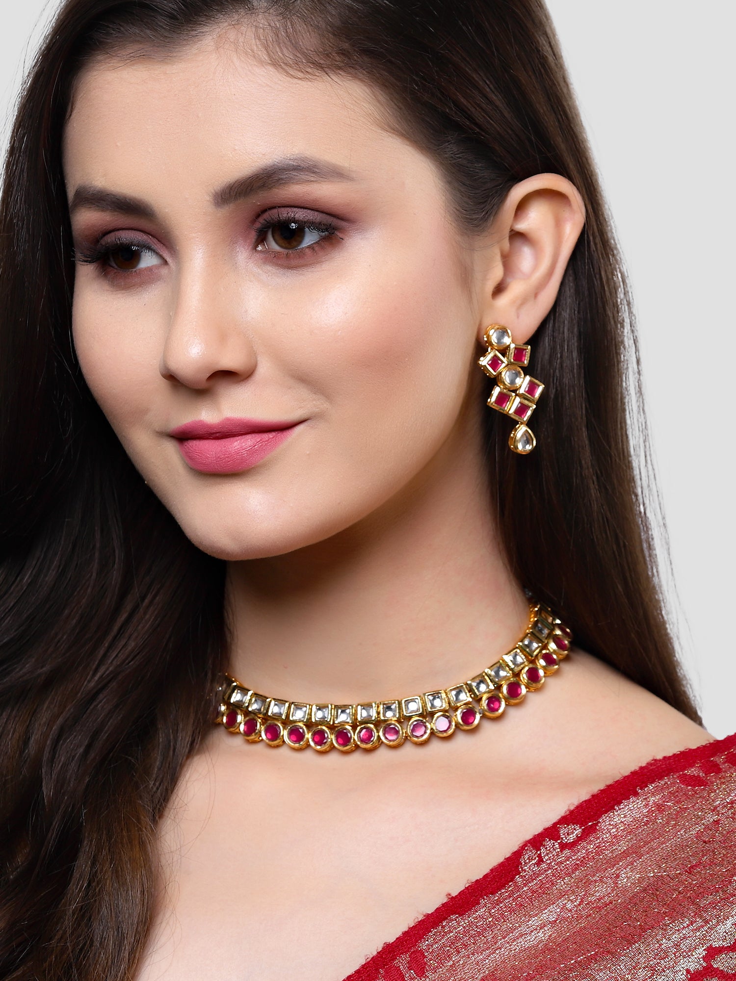 Karatcart Gold Plated Red Polki Kundan Handcrafted Necklace Set for Women - Image 1